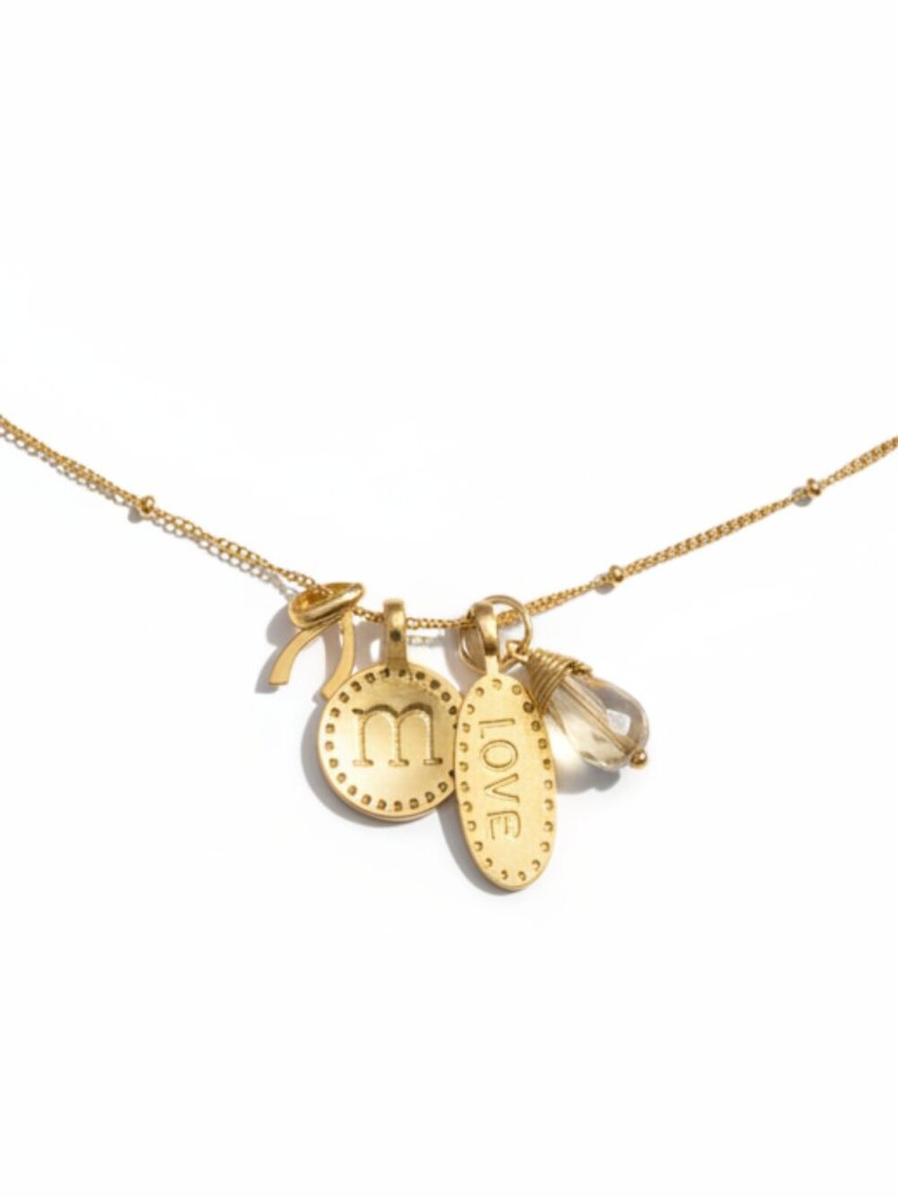 Gold Charm Pendant Necklace 18” - Initial "m", "love" & Crystal Charms